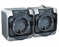 Розетка двойная с заземлением, со шторками, О/У, 16А, 250В, IP44 (cерая) Этюд Systeme Electric