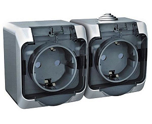 Розетка двойная с заземлением, со шторками, О/У, 16А, 250В, IP44 (cерая) Этюд Systeme Electric. Вид 1