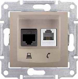 Розетка телеф.+компьют.,RJ11+RJ45, кат. 6, неэкран. utp,с пруж. заж (титан) Sedna Schneider Electric. Вид 1