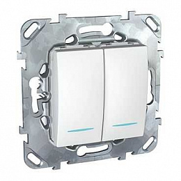 Выключатель двухклавишный, с индикацией (белый) Unica Schneider Electric. Вид 1