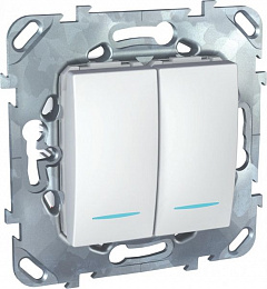 Переключатель 2-клавишный (сх.6+6) с индикацией (белый) Unica Schneider Electric. Вид 1