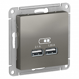Розетка USB, 5В, 1 порт x 2,1 А, 2 порта х 1,05 А, механизм (сталь) Atlas Design Systeme Electric. Вид 1