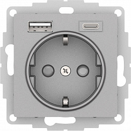 Розетка 16А c 2 USB A+C, 5В/2,4А/3,0А, 2х5В/1,5А, механизм (алюминий) AtlasDesign Systeme Electric. Вид 1