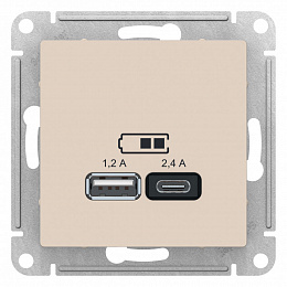 Розетка USB A+С, 5В/2,4А, 2х5В/1,2А, механизм (бежевый) Atlas Design Systeme Electric. Вид 1