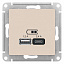 Розетка USB A+С, 5В/2,4А, 2х5В/1,2А, механизм (бежевый) Atlas Design Systeme Electric. Вид 1.