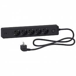 Удлинитель 5 розеток 2к+з, кабель 1,5м, 2 usb Unica Extend (чёрный) Schneider Electric. Вид 1