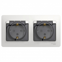Розетка двойная с заземлением, со шторками, в сборе, IP44(белый) Glossa Systeme Electric. Вид 1