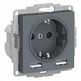 Розетка 16А c 2 USB A+A, 5В/2,4А, 2х5В/1,2А, механизм (грифель) Atlas Design Systeme Electric. Вид 1