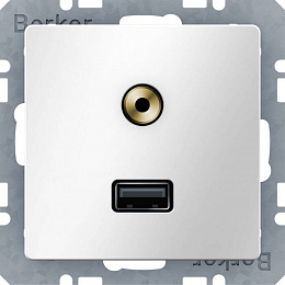 Розетка USB/3,5 мм Audio (полярная белизна, бархат) Q.1/Q.3 Berker. Вид 1