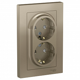 Розетка двойная с заземлением со шторками, 16А, в сборе (шампань) Atlas Design Systeme Electric. Вид 1