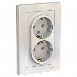 Розетка двойная с заземлением, 16А, в сборе (жемчуг) Atlas Design Systeme Electric. Вид 1