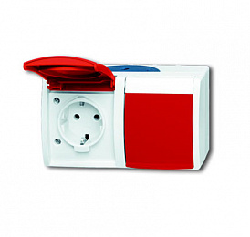 20/2 EW/DVN-53 Розетка SCHUKO 16А 250В IP44, двойная, для открытого монтажа, c красной крышкой, серия ocean, цвет серый/сине-зелёный ABB. Вид 1