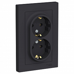 Розетка двойная с заземлением, 16А, в сборе (карбон) Atlas Design Systeme Electric. Вид 1