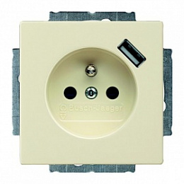 20 EUCBUSB-92-507 Розетка с заземлением с USB-зарядкой, со шторками, безвинтовой зажим, 16А/250В (слоновая кость) Basic 55 ABB. Вид 1