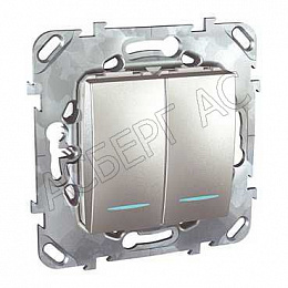 Переключатель 2-клавишный сх.6+6, с индикацией (аллюминий) Unica Top Schneider Electric. Вид 1