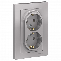 Розетка двойная с заземлением, 16А, в сборе (алюминий) Atlas Design Systeme Electric. Вид 1