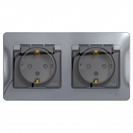 Розетка двойная с заземлением и со шторками IP44, в сборе (алюминий) Glossa Systeme Electric. Вид 1