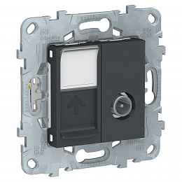 Розетка TV одиночная + комп. RJ45 кат.6 utp, 1 модуль (антрацит) Unica New Schneider Electric. Вид 1
