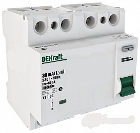 УЗО-03 Блок утечки тока 4-полюсный, 16А, 30mA, тип AC, 6кА DEKraft. Вид 1
