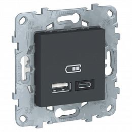 Розетка USB, 2-местная, тип А+С, 5 В / 2400 мА (антрацит) Unica new Schneider Electric. Вид 1