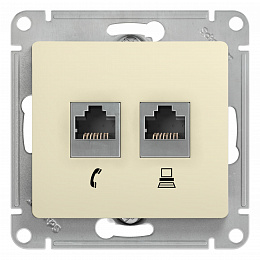 Розетка двойная телефонная + компьютерная RJ11+RJ45, кат.5E, (бежевый) Glossa Systeme Electric. Вид 1