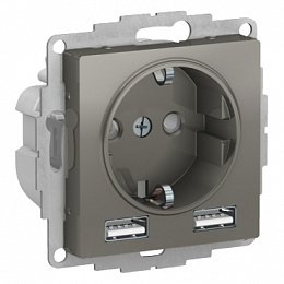 Розетка 16А c 2 USB A+A, 5В/2,4 А, 2х5В/1,2 А, механизм (сталь) Atlas Design Systeme Electric. Вид 1