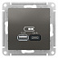 Розетка USB A+С, 5В/2,4 А, 2х5В/1,2 А, механизм (сталь) Atlas Design Systeme Electric. Вид 1.