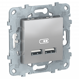 Розетка USB, 2-х местная, 5В/2100ма (алюминий) Unica New Schneider Electric. Вид 1