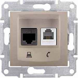 Розетка телеф.+компьют.,RJ11+RJ45, кат. 5е,неэкран. utp,с пруж. заж (титан) Sedna Schneider Electric. Вид 1