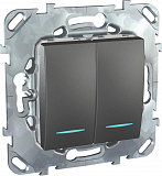 Переключатель 2-клавишный, 2 модуля,с подсветкой, 2 х сх. 6а (графит) Unica Top Schneider Electric