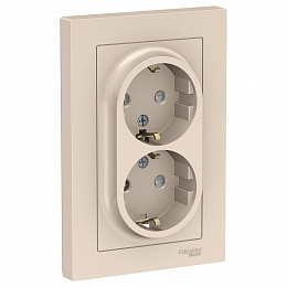 Розетка двойная с заземлением со шторками, 16А, в сборе (бежевый) Atlas Design Systeme Electric. Вид 1