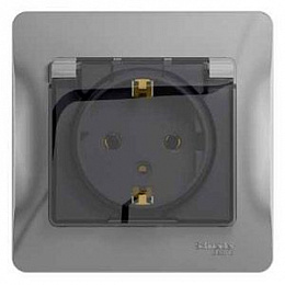 Розетка с заземлением со шторками с крышкой, 16А, в сборе (алюминий) Glossa Systeme Electric. Вид 1